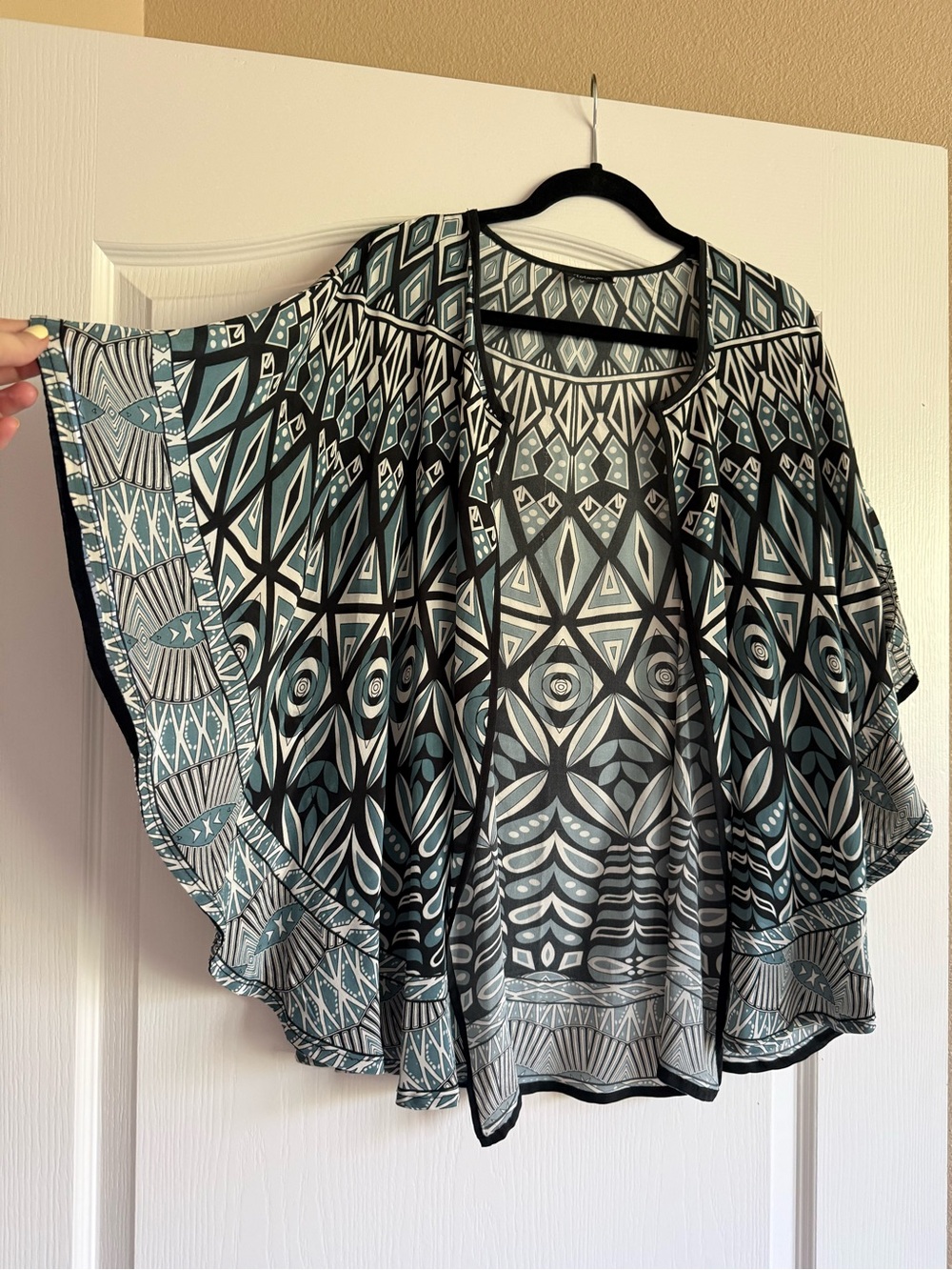 Tolani Teal and Black Geometric Open-Front Poncho